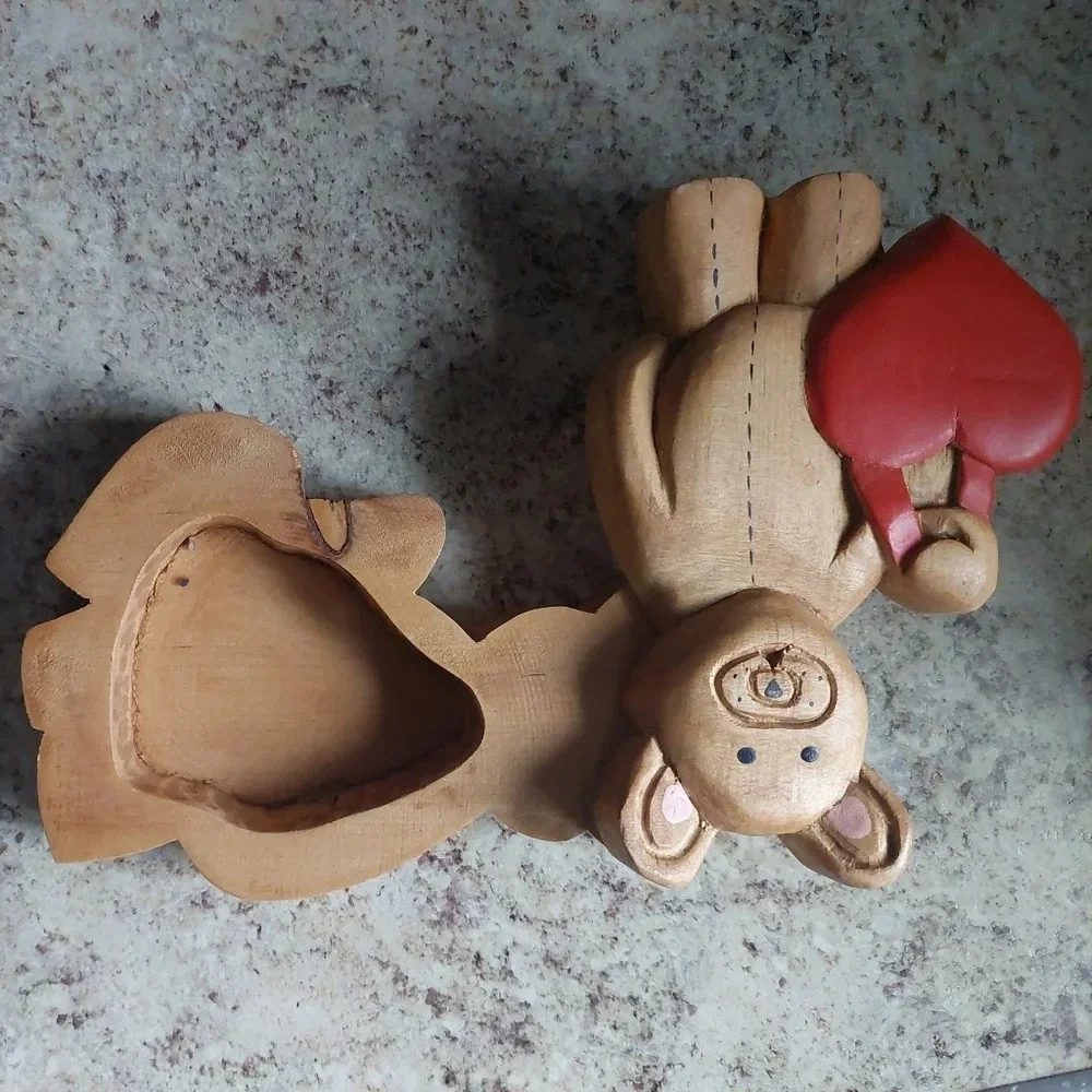 Wooden handmade carved teddy bear Holding a heart trinket box! Valentines Day